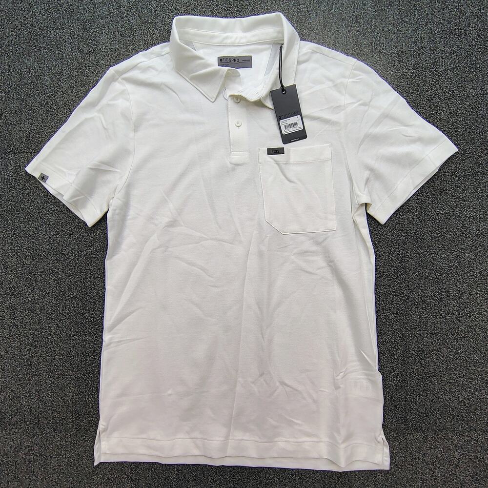 New Figs Men's Size M Technical Pique One Pocket White Polo Scub Shirt Fast Ship